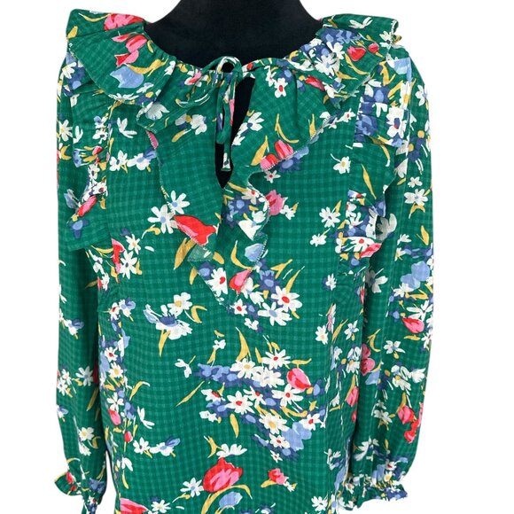 LOFT NWOT Medium Green Checked Floral Long Sleeve Ruffle Tie Blouse - Picture 1 of 5